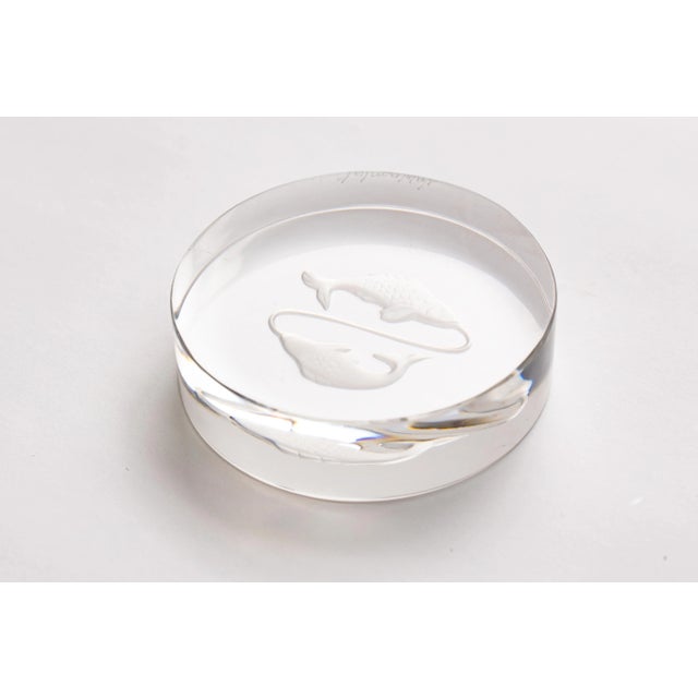 Val Saint Lambert France Engraved Glass Disc Pisces Paperweight For Sale - Image 4 of 9