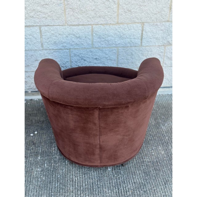 Pair of Vintage 1970s Chocolate Brown Velvet Barrel Club Chairs With Ruched Backs For Sale - Image 9 of 12