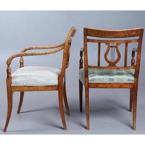 3 Swedish Biedermeier Empire antique carver chairs in highest grade quilted golden birch veneers finished in the Classic...