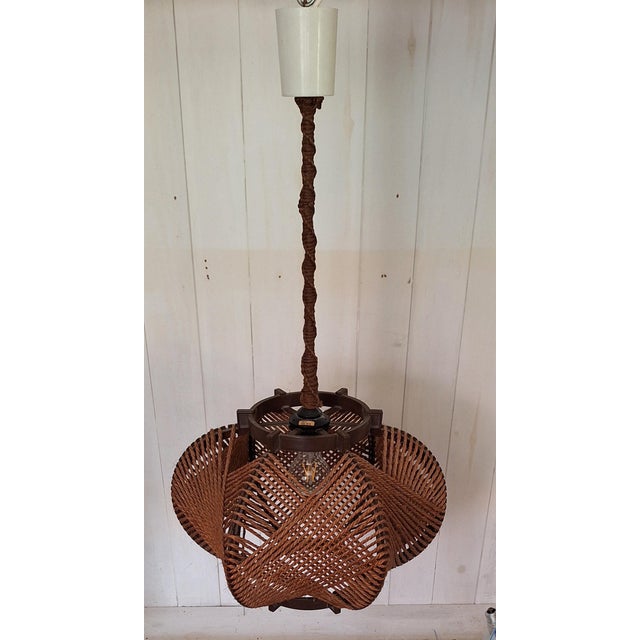 Vintage Ceiling Lamp with Brown Plastic Skeleton and Brown Rope Wrapping, 1970s For Sale - Image 4 of 7