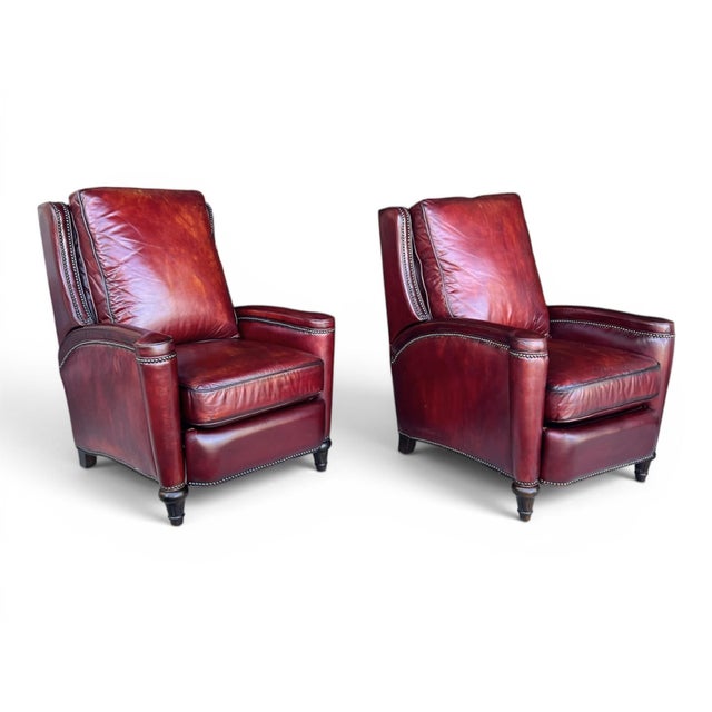 English Pair of Vintage English Wingback Recliners in Burgundy Oxblood Leather For Sale - Image 3 of 16