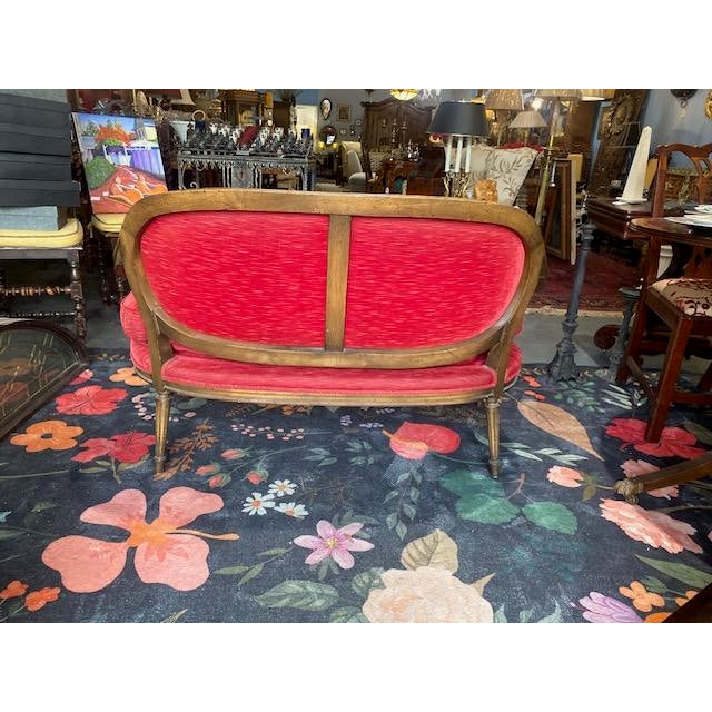 Wood French Antique Louis XVI Style Settee 19th Century Custom Plush Red Velvet For Sale - Image 7 of 12