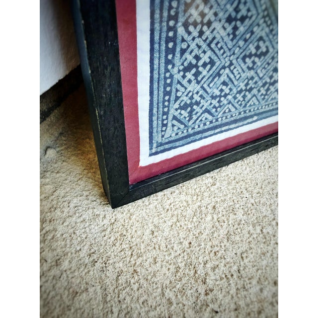 Ruby Red Vintage Indigo Boho Textile Wall Art | Framed Geometric Textile | Red & Turquoise For Sale - Image 8 of 11