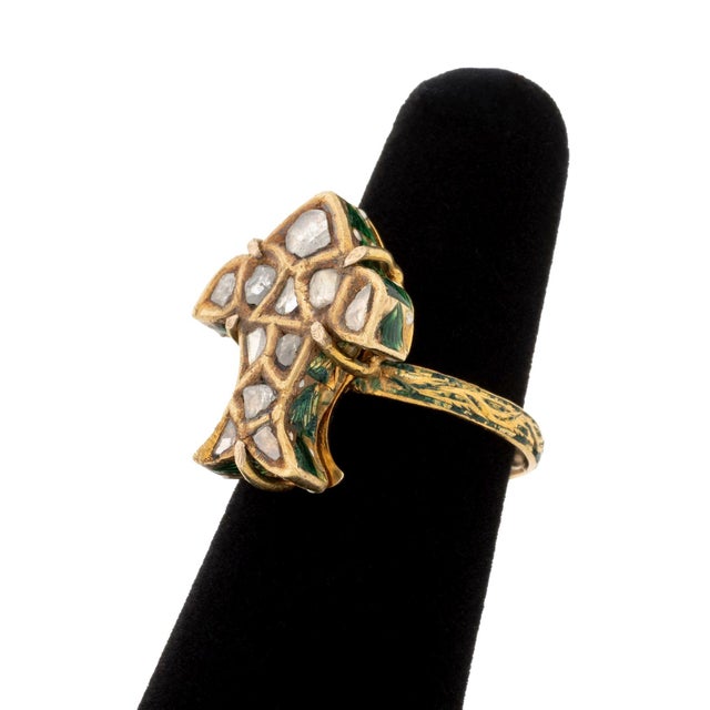 Bird Motif 18K Yellow Gold, Diamond, and Enamel Ring, featuring eleven bead set table cut diamonds weighing a total of...