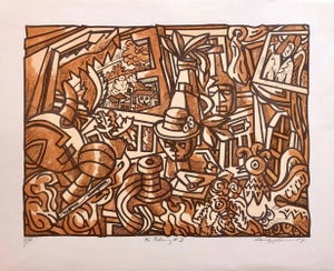 Marius Sznajderman, Large Venezuelan Modernist Lithograph "The Balcony #3" Color Print, 1984