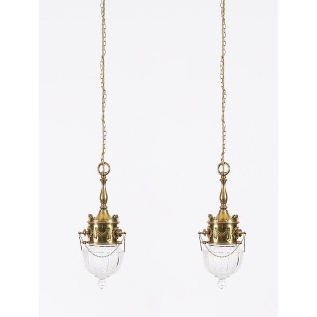 Antique Edwardian Brass and Cut Crystal Ceiling Light, 1900, Set of 2 For Sale - Image 15 of 16