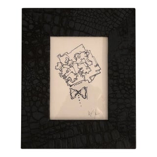 Vintage 1980’s Wayne Cunningham Abstract Ink Drawing Embossed Leather Frame For Sale