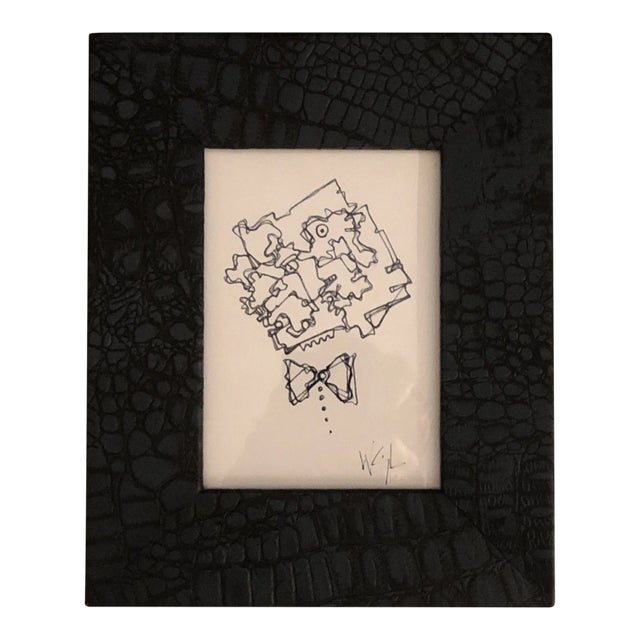 Vintage 1980’s Wayne Cunningham Abstract Ink Drawing Embossed Leather Frame For Sale