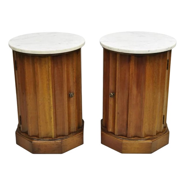 French Empire Round Marble Top Mahogany Column Pedestal Cabinet End Table Pair For Sale