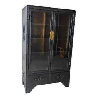 Black Lacquer Chinese Carved Cabinet Brass Hardware Intricate Asian Design For Sale