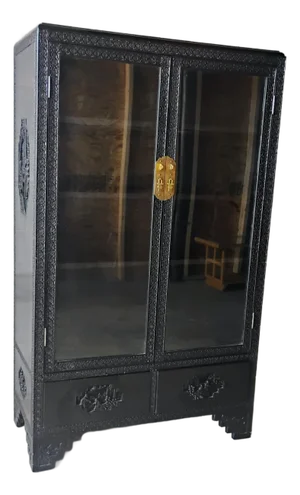 Black Lacquer Chinese Carved Cabinet Brass Hardware Intricate Asian Design