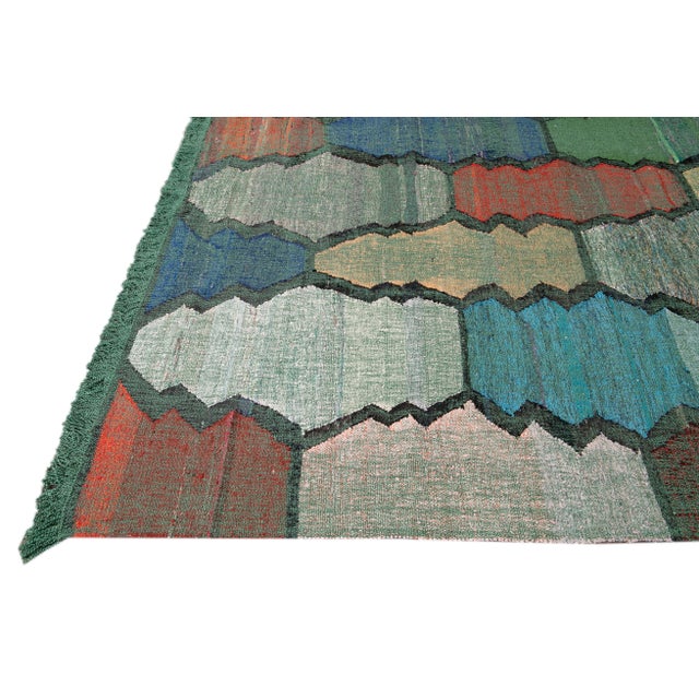 Modern Flatweave Handmade Green Geometric Wool Rug For Sale - Image 4 of 10