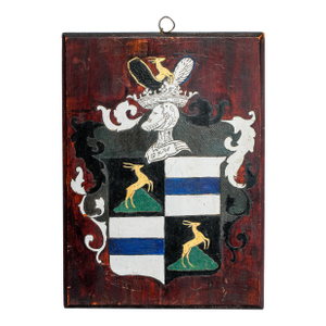 Distinguished Antique Heraldic Coat of Arms Plaque Hand-Made Painted Wood Armorial