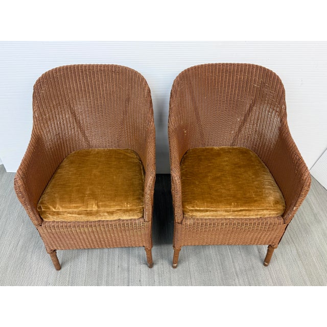 Rattan Bucket Lounge Chairs With Goldenrod Velvet Seat Pads, Pair For Sale - Image 9 of 12