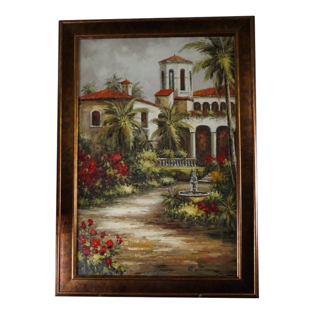 Original Mediterranean Courtyard Oil Painting | Framed Villa Landscape With Fountain | Contemporary Impressionist Art For Sale