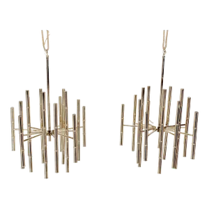 Pair of Large Faux Bamboo Chrome Pewter Chandeliers Light Fixtures