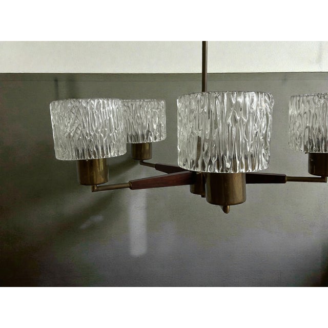 Metal Swedish Modern Teak, Brass and Art Glass Chandelier by Carl Fagerlund for Orrefors, 1960s For Sale - Image 7 of 10