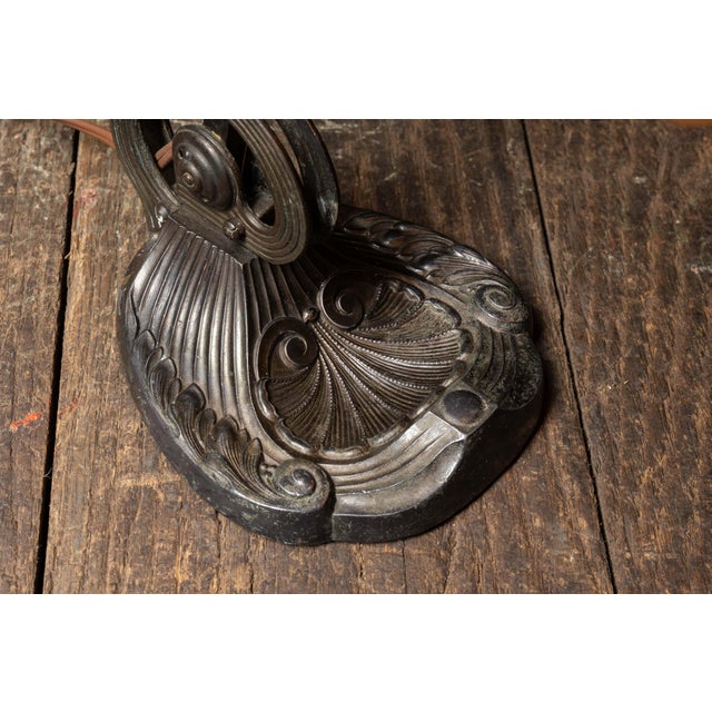 Early 20th Century Art Nouveau Cast Iron Desk Lamp With Frosted Opalescent Stenciled Shade For Sale - Image 12 of 12