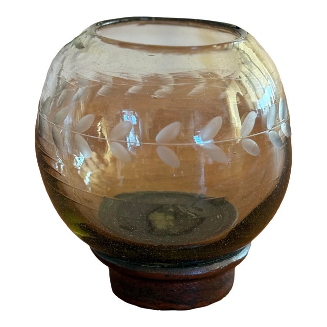 Vintage Jan Barboglio Smoked Glass Vessel With Forged Metal Base For Sale