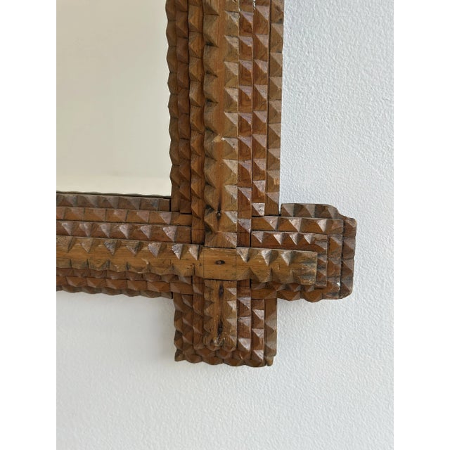 Antique Large Scale Chip-Carved Tramp Art Framed Mirror With Crossed Corner Details, Circa Late 19th Century For Sale - Image 12 of 14