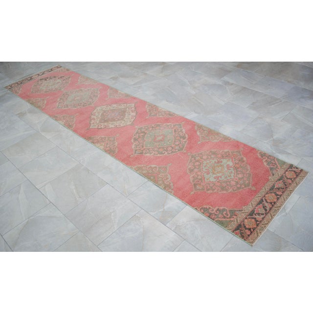 Textile Vintage Turkish Runner Rug Hand-Knotted Coral Pink Hallway Runner Authentic Oushak Rug 3x13 Ft Approx For Sale - Image 7 of 13