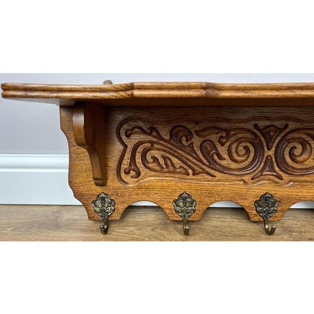 Vintage French Carved Oak 5-Hook Wall Coat Rack For Sale - Image 3 of 10