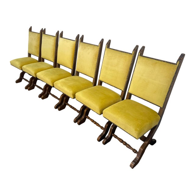 Set of 6 Spanish Revival Mahogany Dining Chairs With Yellow Velvet Upholstery, 1970s For Sale