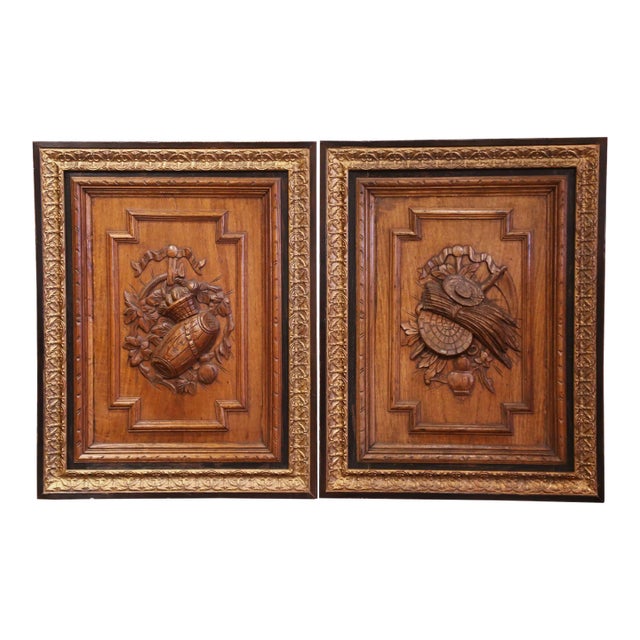 Pair of 19th Century, French Carved Oak Wall Door Panels in Gilt Frames For Sale