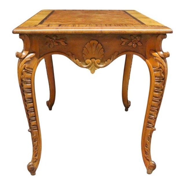 French Floral & Scallop Carved Walnut & Burl Cabriole Legged Low Table C1930 For Sale - Image 3 of 11