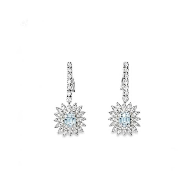 Mid 20th Century 18k White Gold Pave Diamond Sunflower Drop Earrings Estate, Pair For Sale - Image 4 of 4