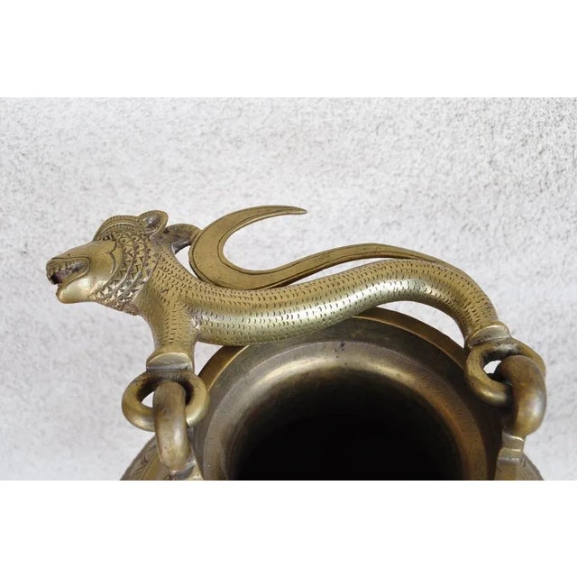 Mid 20th Century Antique Sri Lankan Brass Ceremonial Temple Water Vessel With Relief Art and Leopard Form Handle For Sale - Image 5 of 12