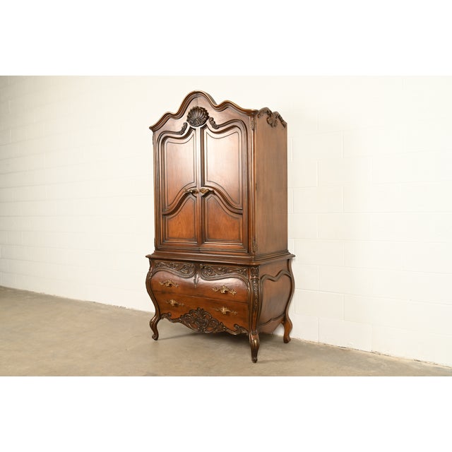 French Provincial Romweber French Rococo Louis XV Carved Walnut Armoire Dresser, Circa 1960s For Sale - Image 3 of 17