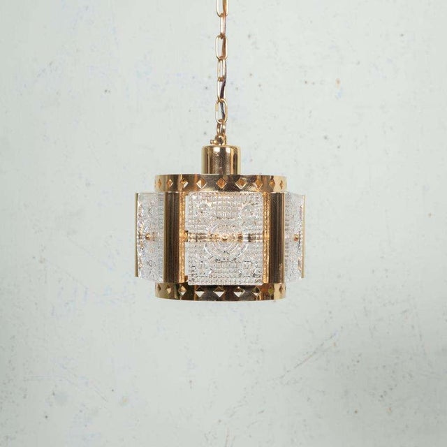 Vintage Hanging Lamp in Brass and Ice Glass For Sale - Image 3 of 18