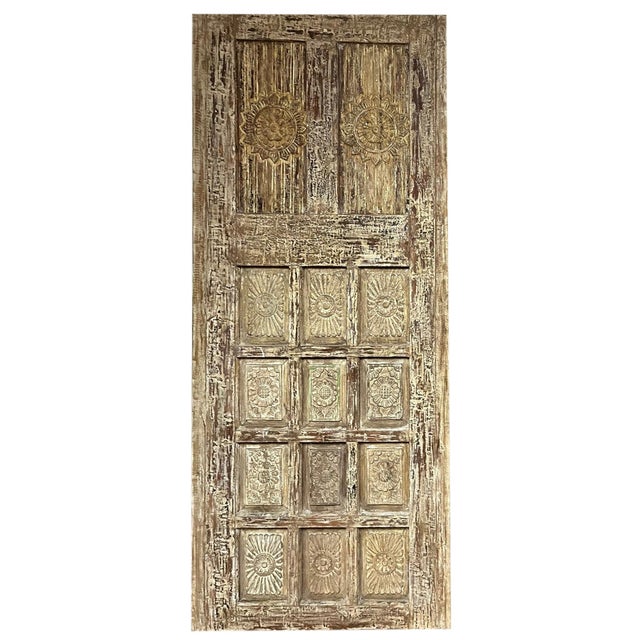 Mid-Century Modern Artisan Carved Antique Barn Door Panel – Limewash Statement Entryway Accent 81 For Sale - Image 3 of 4