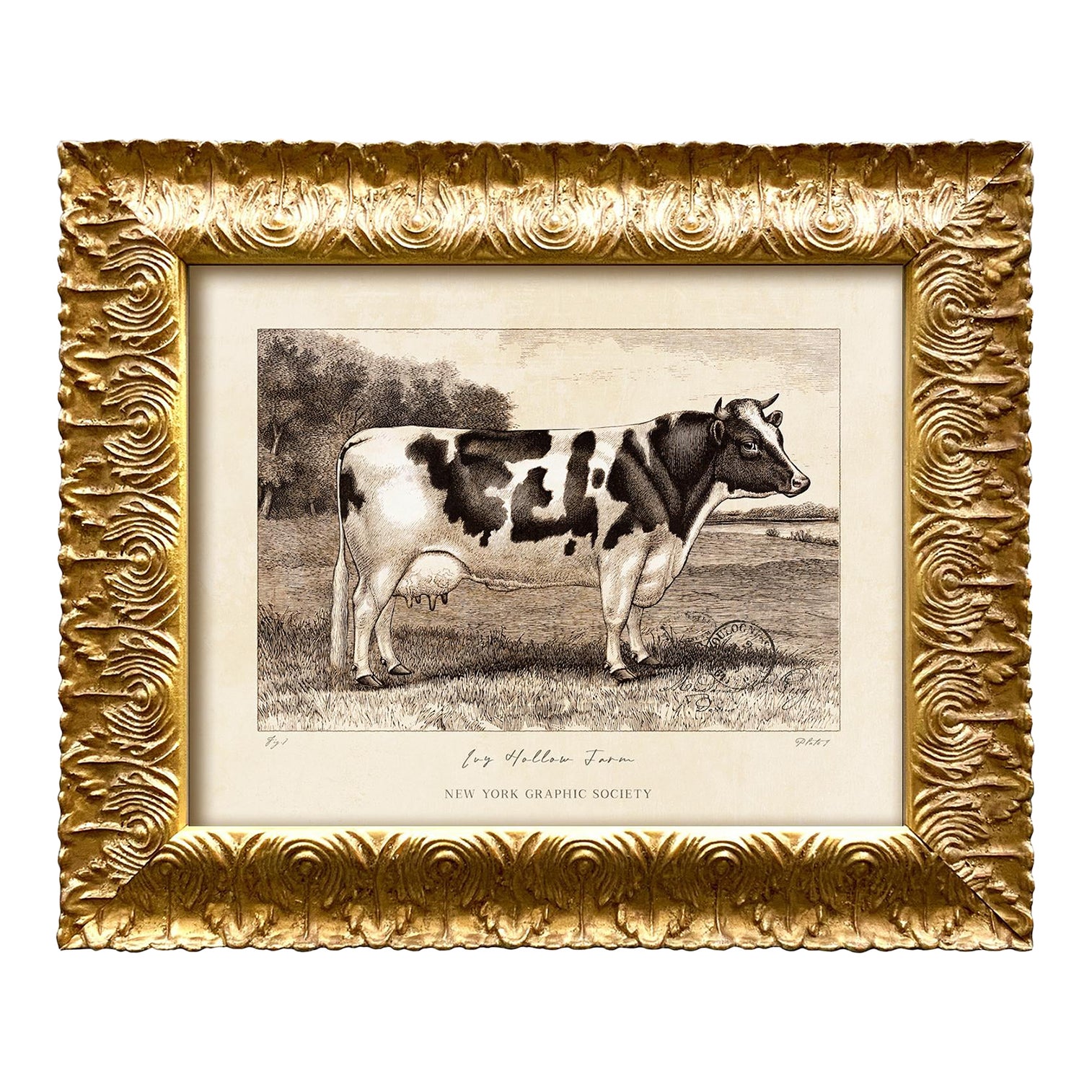 Reproduction Art Print of Vintage Holstein (2) Cow in Ornate Gold Frame ...