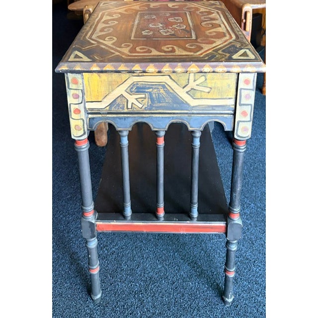 Mid 20th Century Rare Folk Art Side Table With Hand Painted Geometric Designs For Sale - Image 5 of 9