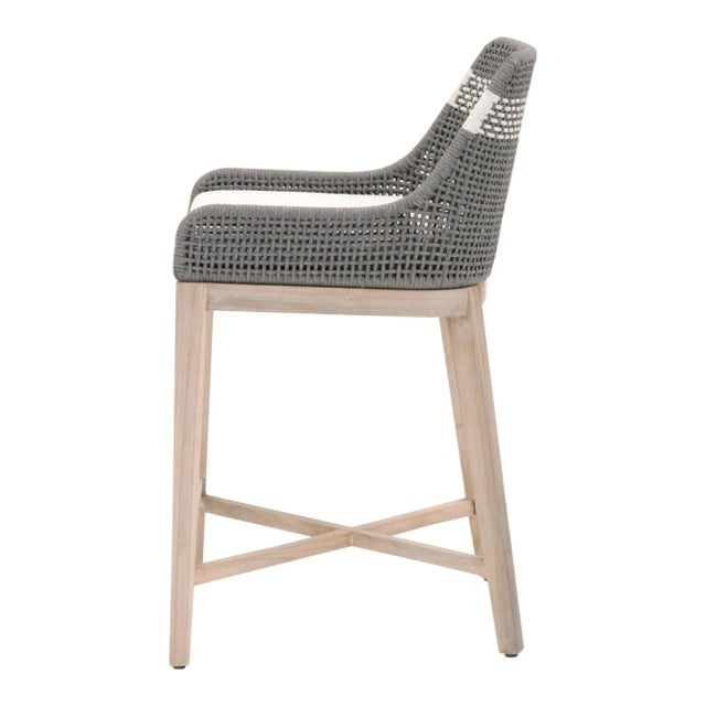 2020s Tapestry Grey Teak Outdoor Counter Stool, White Speckle Stripe & Dove Rope For Sale - Image 5 of 9