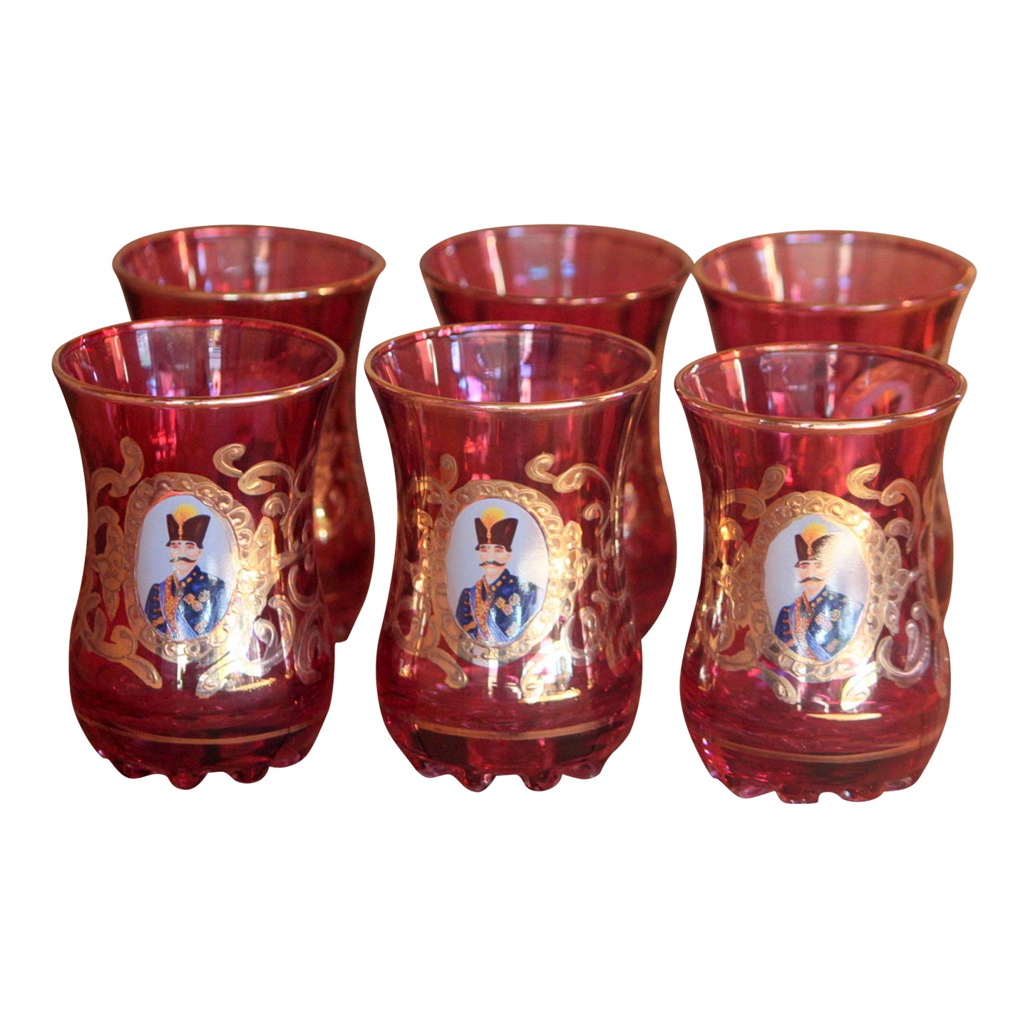 Vintage Set of 6 Persian Shah Tea Glasses Cranberry Glass Gilt Trim ...
