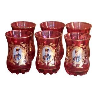 Vintage Set of 6 Persian Shah Tea Glasses Cranberry Glass Gilt Trim For Sale