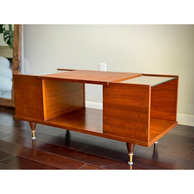 Mid-Century Modern 1960s Mid-Century Modern Teak Coffee Table With Beveled Glass — Record Cabinet, Turntable Stand, Media Console and Low Credenza For Sale - Image 3 of 12
