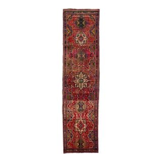 1960s Vintage Persian Heriz Red Handmade Medallion Wool Runner For Sale