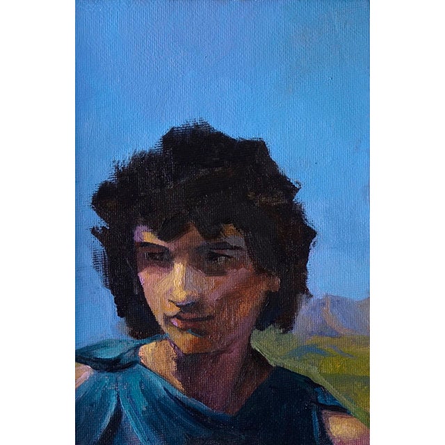 The Guide (After Bouguereau) by Emma Kalff | Oil on canvas panel Portrait of a young man outdoors For Sale