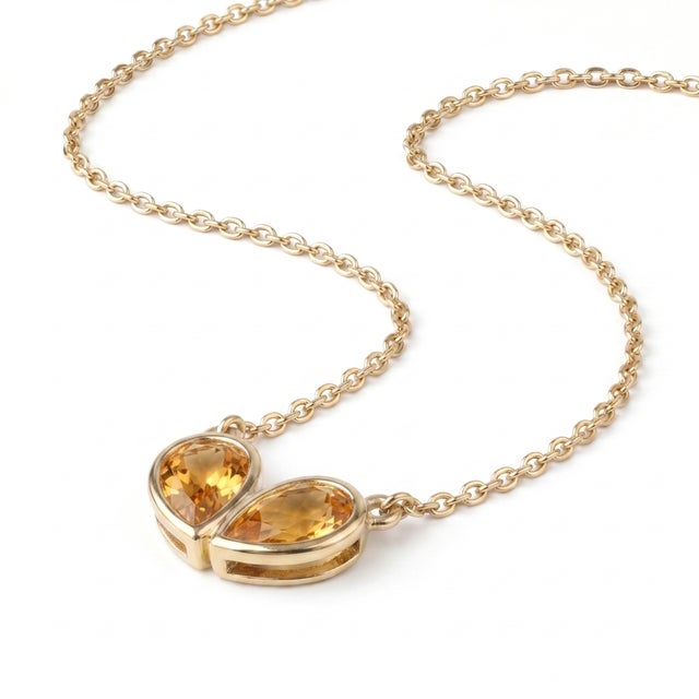 Natural Citrine Handmade Necklace • Twin Stone Gemstone Heart Necklace • November Birthstone Jewelry For Sale - Image 4 of 4