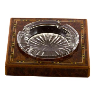 New 1980’s Vintage/New Crystal & Inlay Wood Cigar Ashtray by Elie Bleu in Paris for Eloi For Sale