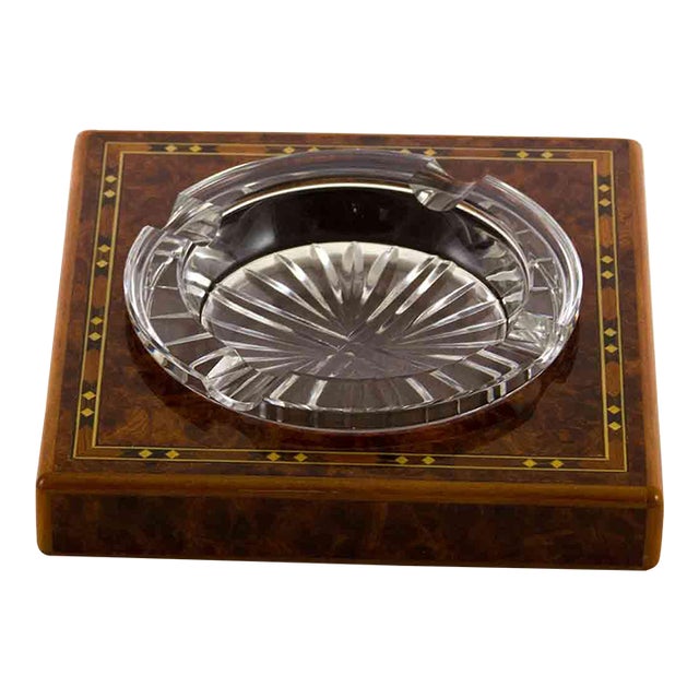 New 1980’s Vintage/New Crystal & Inlay Wood Cigar Ashtray by Elie Bleu in Paris for Eloi For Sale