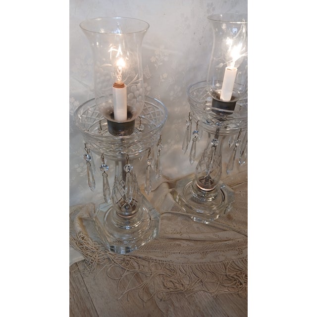 Metal Mid 20th Century Hollywood Regency Crystal Hurricane Lamps With Prisms - A Pair For Sale - Image 7 of 17