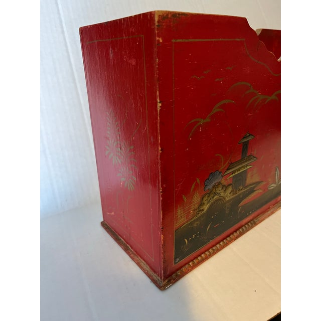 A single antique rectangular wood letter or paper holder featuring red painted finish and hand painted chinoiserie...