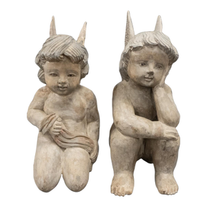 Pair of Early 20th Century Free Standing Carved Wood Cherubs, Putti Angels