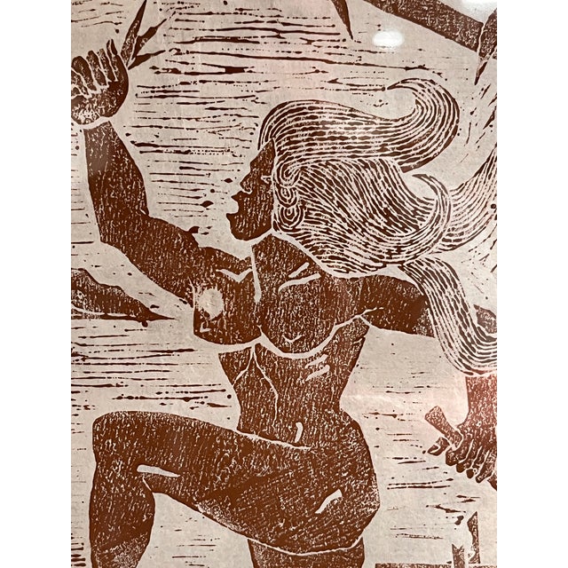 Brown Vintage Pacific Islander Canoe Woodcut Print Framed 23.5x19.25 For Sale - Image 8 of 8