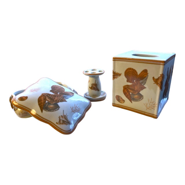 1990s Vintage Amita Coral and Seashell Porcelain Tissue Toothbrush Box Bathroom Vanity Set of 3 For Sale